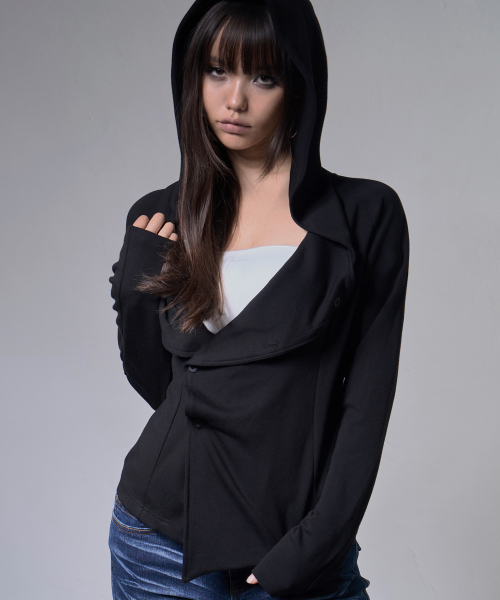 OBLIQUE HOODED CARDIGAN (BLACK) F26ZA514