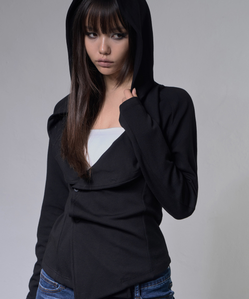 OBLIQUE HOODED CARDIGAN (BLACK) F26ZA514