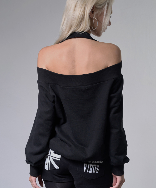 EYELET HALTER SWEAT OFF-SHOULDER (BLACK) F26ZB534