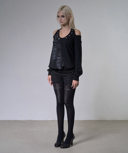 EYELET HALTER SWEAT OFF-SHOULDER (BLACK) F26ZB534