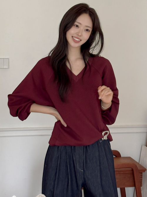브이넥 오버핏 스웻셔츠 레드 AT6TSC016RD