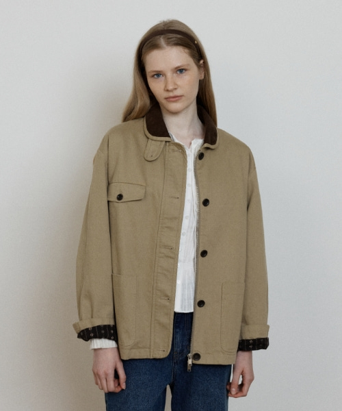 corduroy collar work jacket - khaki beige