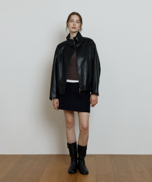 high neck leather jacket - black