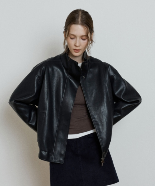 high neck leather jacket - black