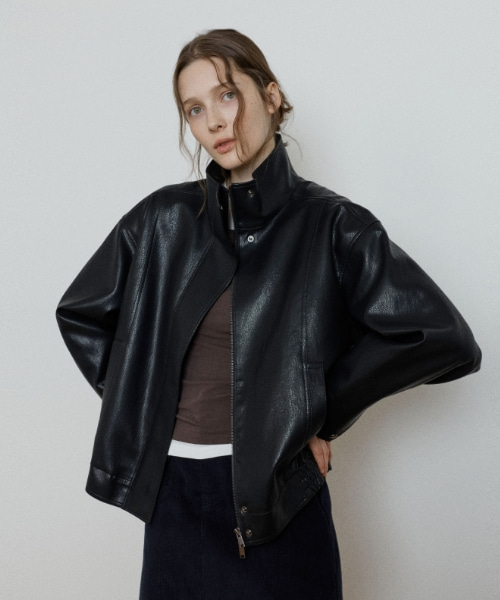 high neck leather jacket - black