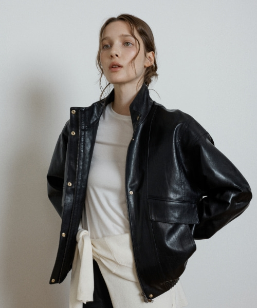 stand collar leather blouson jacket - black