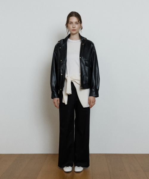 stand collar leather blouson jacket - black