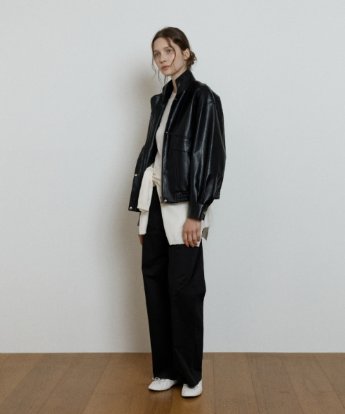stand collar leather blouson jacket - black