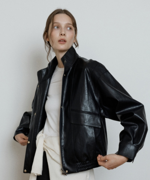 stand collar leather blouson jacket - black