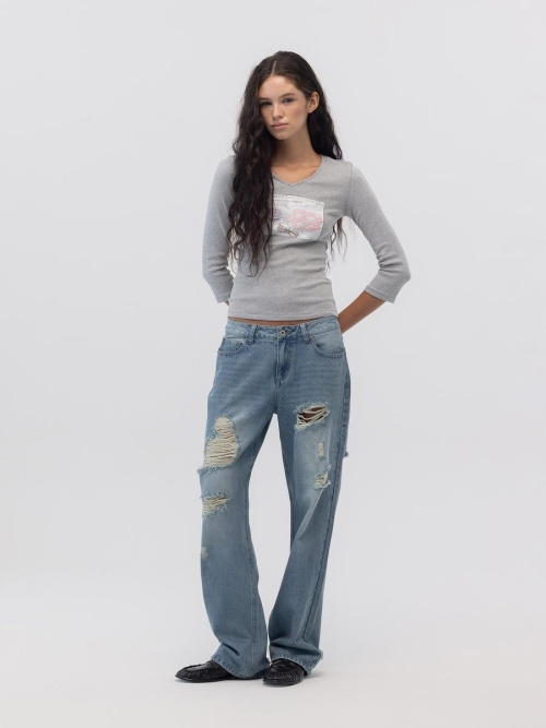 DAMAGE CINCH BACK ROLL-UP JEANS (WASHED BLUE)