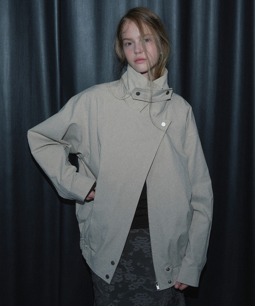 HIGH-NECK COTTON BOMBER JACKET (LIGHT BEIGE)