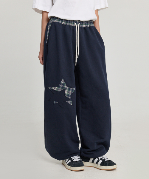 Check Star Embroidery Sweat Pants NAVY