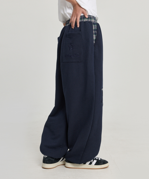 Check Star Embroidery Sweat Pants NAVY