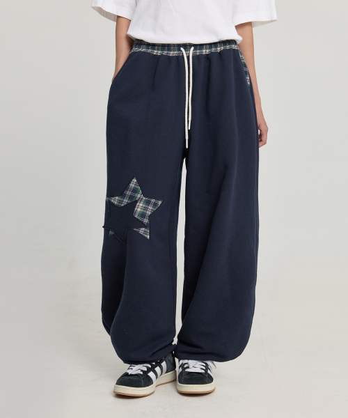 Check Star Embroidery Sweat Pants NAVY