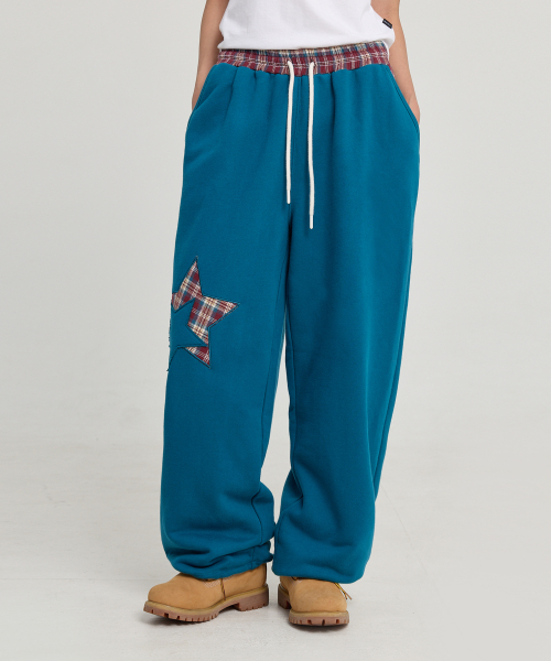 Check Star Embroidery Sweat Pants TEAL GREEN