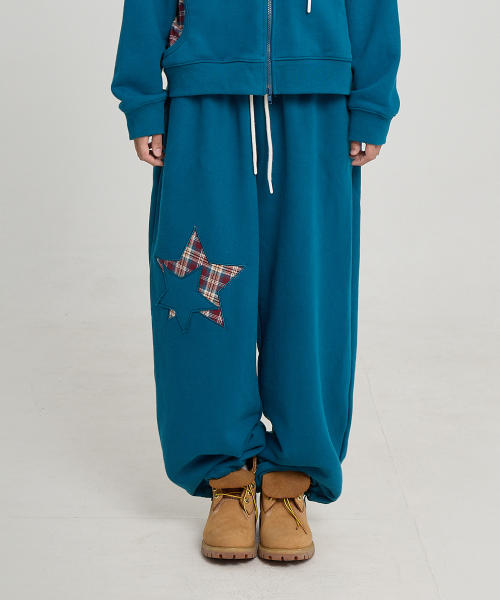 Check Star Embroidery Sweat Pants TEAL GREEN