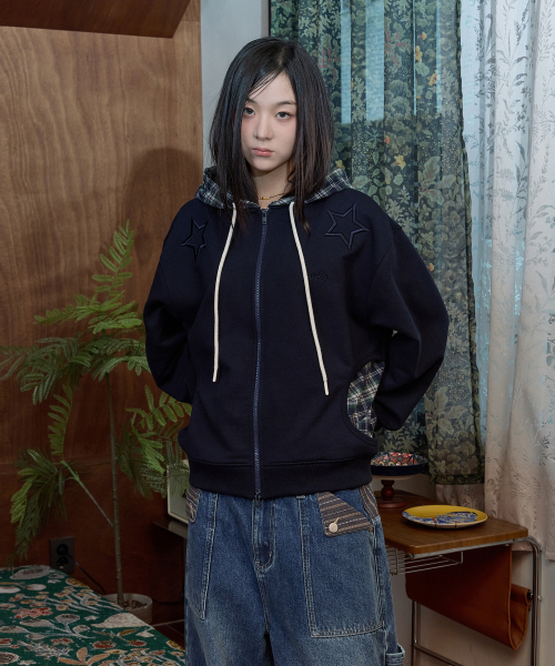 Check Star Embroidery Hoodie Zip Up NAVY