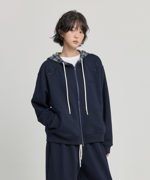 Check Star Embroidery Hoodie Zip Up NAVY
