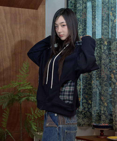 Check Star Embroidery Hoodie Zip Up NAVY