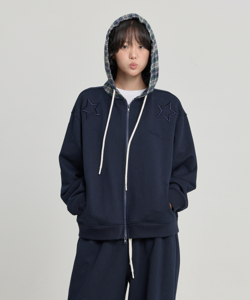 Check Star Embroidery Hoodie Zip Up NAVY