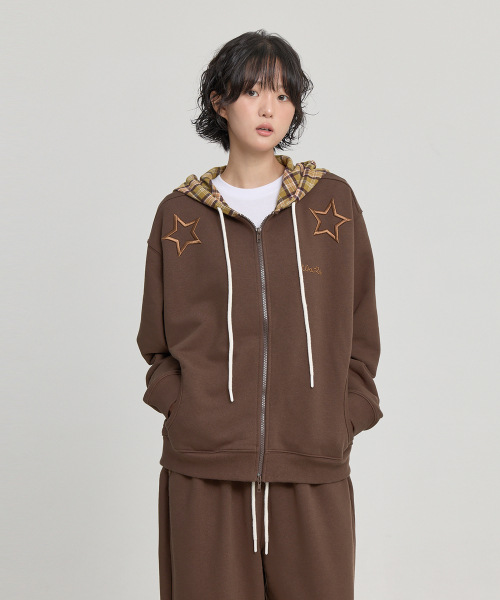 Check Star Embroidery Hoodie Zip Up BROWN