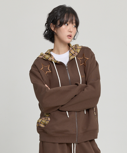 Check Star Embroidery Hoodie Zip Up BROWN