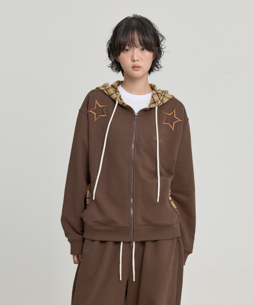 Check Star Embroidery Hoodie Zip Up BROWN