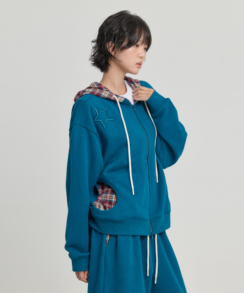 Check Star Embroidery Hoodie Zip Up TEAL GREEN