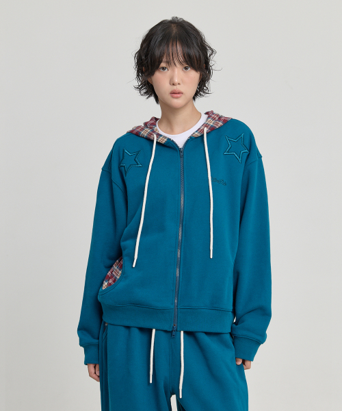 Check Star Embroidery Hoodie Zip Up TEAL GREEN
