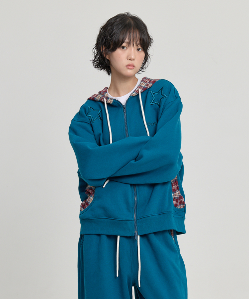 Check Star Embroidery Hoodie Zip Up TEAL GREEN