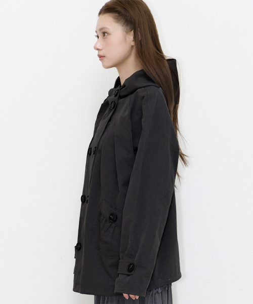 PINTUCK HOODIE TRENCH JACKET BLACK