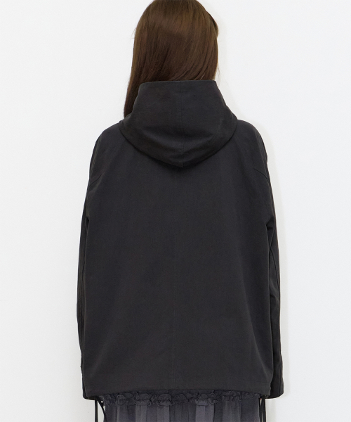 PINTUCK HOODIE TRENCH JACKET BLACK