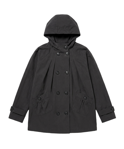 PINTUCK HOODIE TRENCH JACKET BLACK