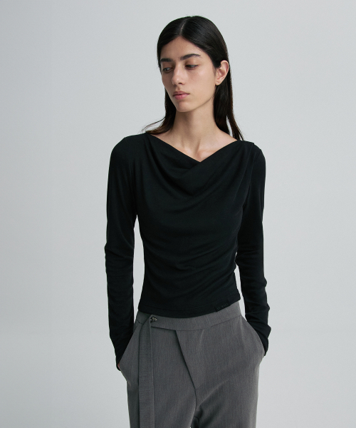 COWL-NECK FITTED LONG-SLEEVE TOP BLACK