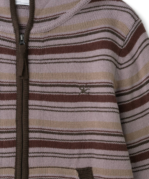 TCM multi-stripe knit hooded zip-up (red bean)