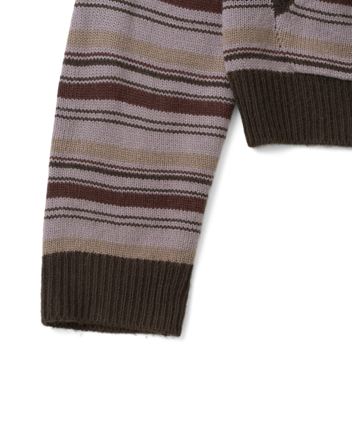 TCM multi-stripe knit hooded zip-up (red bean)