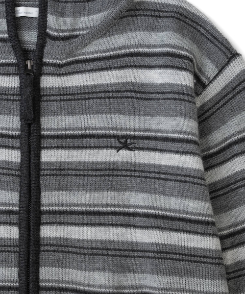 TCM multi-stripe knit hooded zip-up (grey)