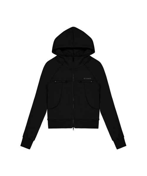 Mock Neck Incision Hooded Zip-up - Black