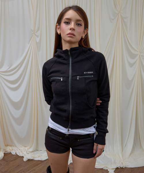 Mock Neck Incision Hooded Zip-up - Black