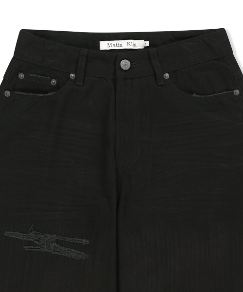 DISTRESSED HERRINGBONE WIDE PANTS IN BLACK