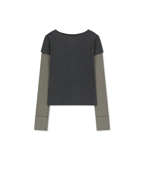 FADED COLOR BLOCK LAYERED BUTTON TOP IN CHARCOAL