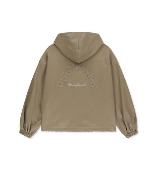 FAUX LEATHER APPLIQUE LOGO HOODY JUMPER IN BEIGE