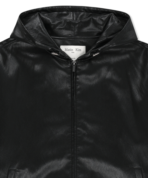 FAUX LEATHER APPLIQUE LOGO HOODY JUMPER IN BLACK