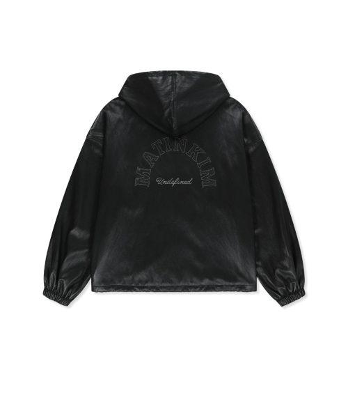 FAUX LEATHER APPLIQUE LOGO HOODY JUMPER IN BLACK