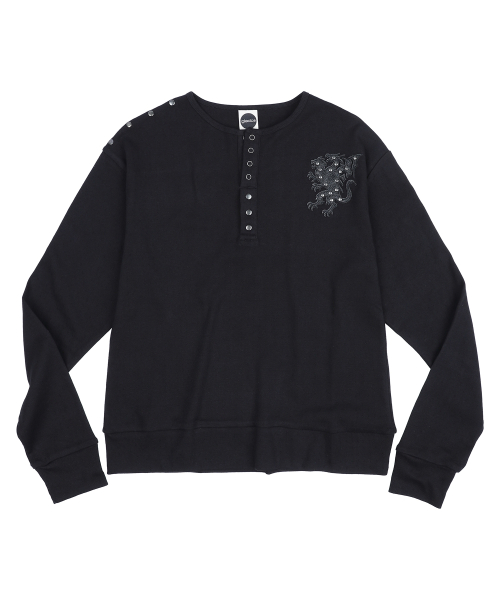 GNT081 키메라 아플리케 스터드 레귤러핏 헨리넥 롱슬리브 (BLACK)