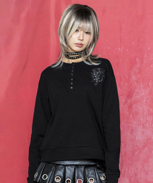 GNT081 키메라 아플리케 스터드 레귤러핏 헨리넥 롱슬리브 (BLACK)