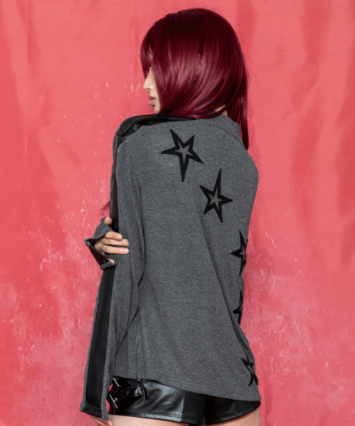GT189 스타 트레일 아플리케 PU레더 믹스 피티드 롱슬리브 집업 (CHARCOAL GRAY)