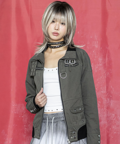 GJ118 캐시 Y2K 테크니컬 빈티지 립 크롭 자켓 (CHARCOAL GRAY)