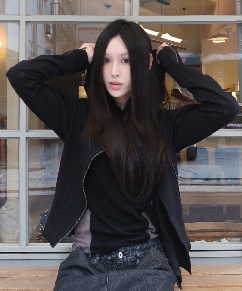 하이넥 사선 지퍼 아일렛 포인트 세미 피티드 미니멀 긴팔 집업 자켓 _2COLOR