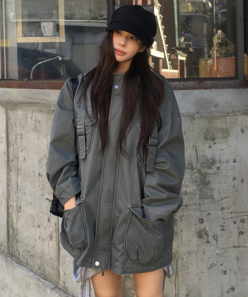 더블 멀티 포켓 워싱 벨티드 오버핏 투웨이 블루종 코튼 집업 자켓 _2COLOR